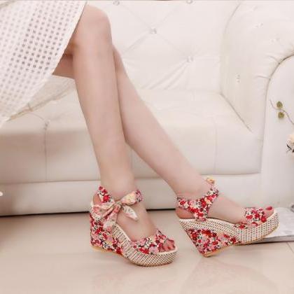 Beautiful Floral Bow Wedge Sandals on Luulla