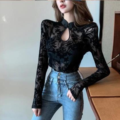 Transparent Chinese Style Black Full Lace Top
