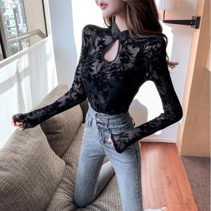 Transparent Chinese Style Black Full Lace Top