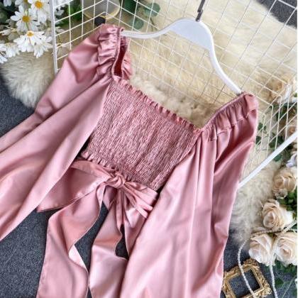 Lantern Sleeve Sexy Lace Up Crop Top Blouse