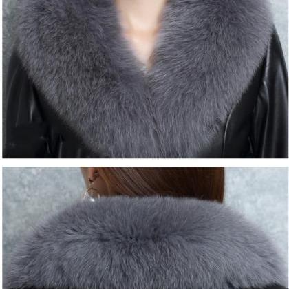 Winter Women Elegant Faux Fur Black Leather Coat