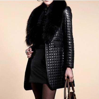 Black Faux Fur Pu Leather Winter Coat