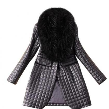 Black Faux Fur Pu Leather Winter Coat