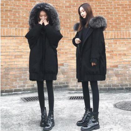 Black Hooded Faux Fur Wind Breaker Long Coat