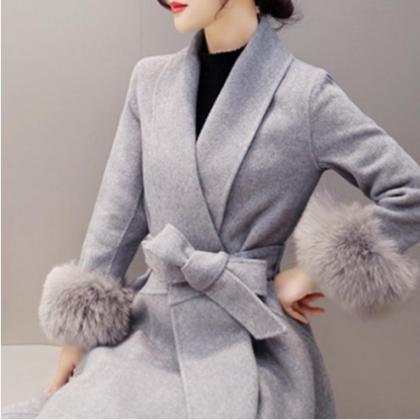 Ladies Autumn And Winter Grey Faux Fur Coat