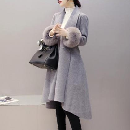 Ladies Autumn And Winter Grey Faux Fur Coat