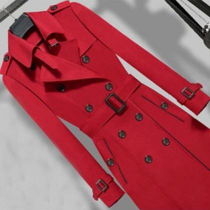 Double Breasted Long Trench Coat In Red Black And..