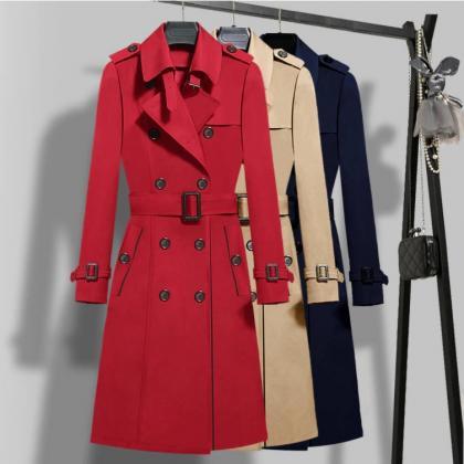 Double Breasted Long Trench Coat In Red Black And..