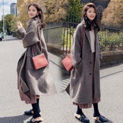 Winter Women Plaid Woolen Coat