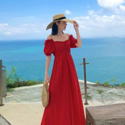 Vintage Women High-waisted Red Maxi Dress