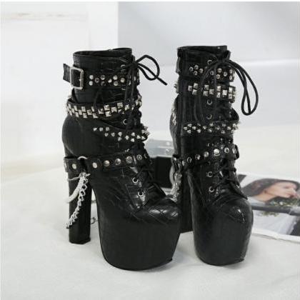 Gothic Punk Black Metal Chain High Heels Boots