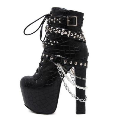 Gothic Punk Black Metal Chain High Heels Boots