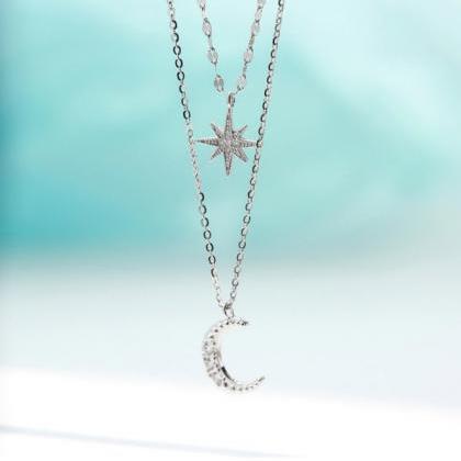Star And Moon Charmed Silver Plated Necklace