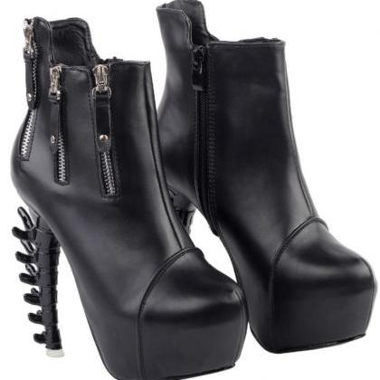 Gothic Punk Black Bone Heels Fashion Boots