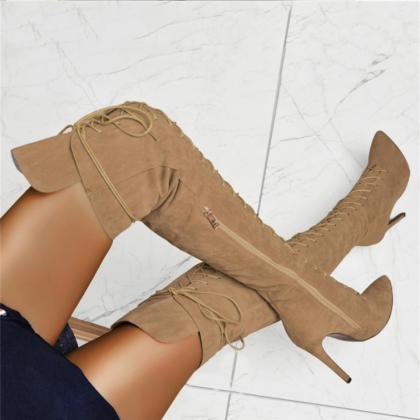 Over The Knee Lace Up Pointed Toe High Heels Boots