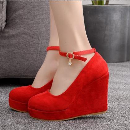 Red And Black Ankle Strap Wedges