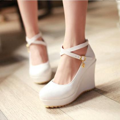 Cross Strap Elegant Leather Wedge Shoes