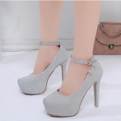 Silver And Black Sexy Ankle Strap Pumps