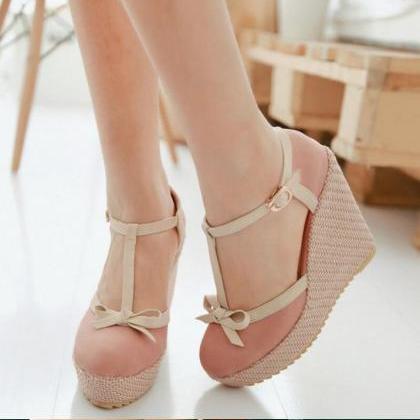 Beautiful T Strap Wedge Sandals With Bow