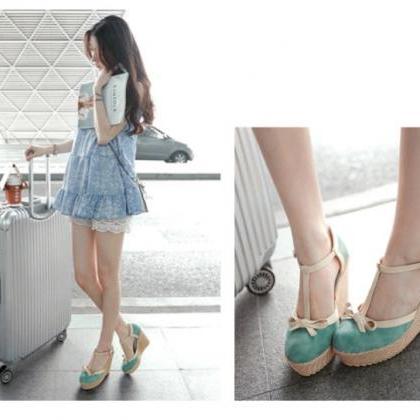 Beautiful T Strap Wedge Sandals With Bow