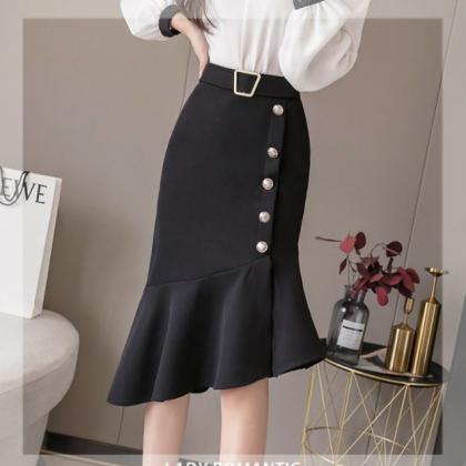 Ruffled Side Button Design Ladies Skirt