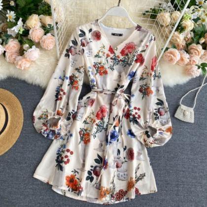 Beautiful Floral Print Long Sleeve Summer Dress
