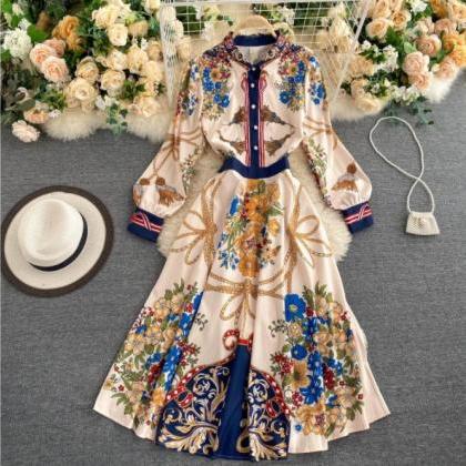 Elegant Vintage Printed Long Sleeve Party Dress