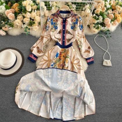 Elegant Vintage Printed Long Sleeve Party Dress