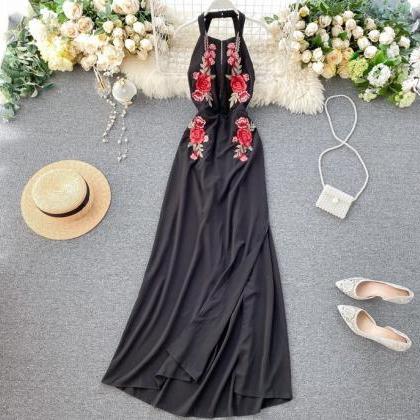 Halter Openb Back Floral Embroidery Black Party..