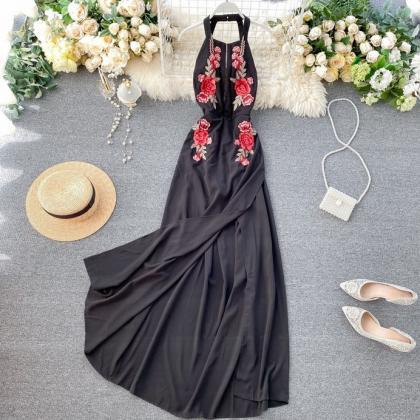 Halter Openb Back Floral Embroidery Black Party..