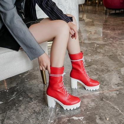 Round Toe Black Red And White Platform Boots