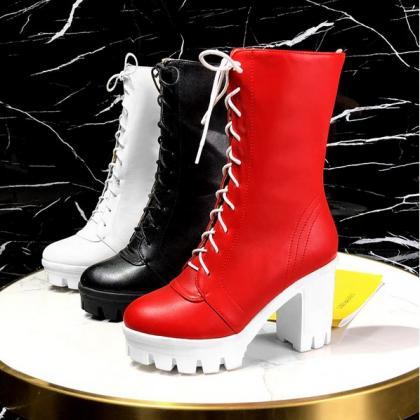 Round Toe Black Red And White Platform Boots