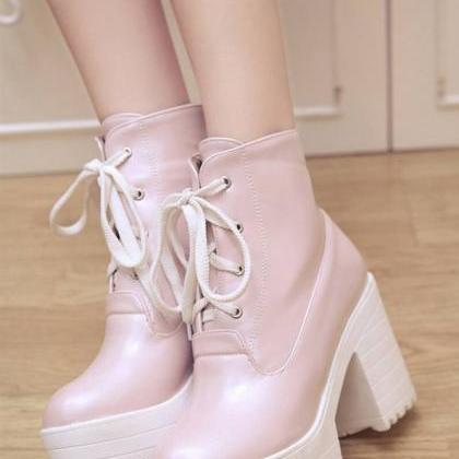 Cute Round Toe Lace Up Platform High Heels Fashion..