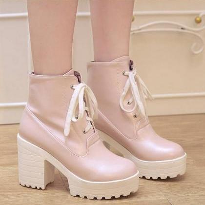 Cute Round Toe Lace Up Platform High Heels Fashion..