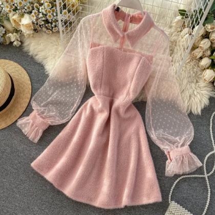 Elegant Mesh Lace Sleeves Party Dress