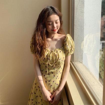 Beautiful Floral Print Yellow Summer Dress