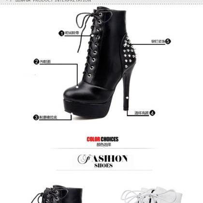 Chic Black And White Gothic Rivet High Heels Ankle..