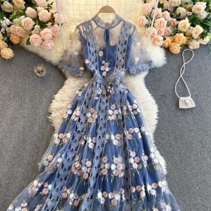 Beautiful Round Neck Lace Floral Embroidery Blue..