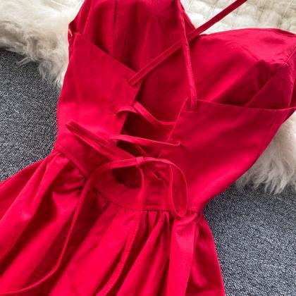 Red Sexy V Neck Cross Back Dress