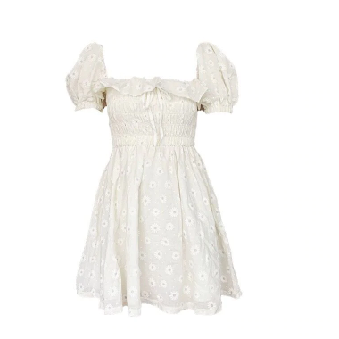 Puff Sleeve Ruffled Daisy Embroidered Summer Dress