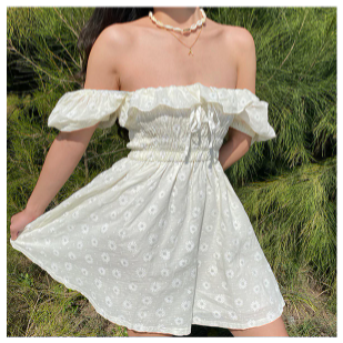 Puff Sleeve Ruffled Daisy Embroidered Summer Dress