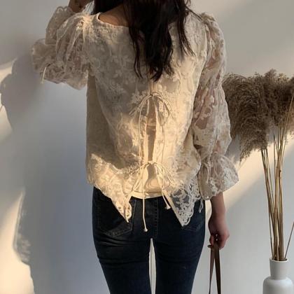 Elegant Flare Sleeve Embroidered Lace Floral..