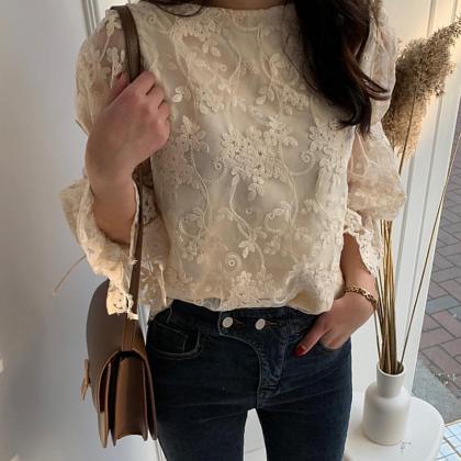 Elegant Flare Sleeve Embroidered Lace Floral..