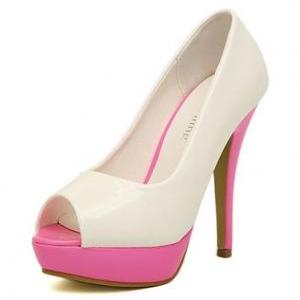 Pink And White Color Block Peep Toe Pumps