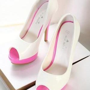 Pink And White Color Block Peep Toe Pumps