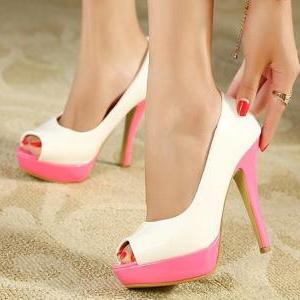 Pink And White Color Block Peep Toe Pumps on Luulla