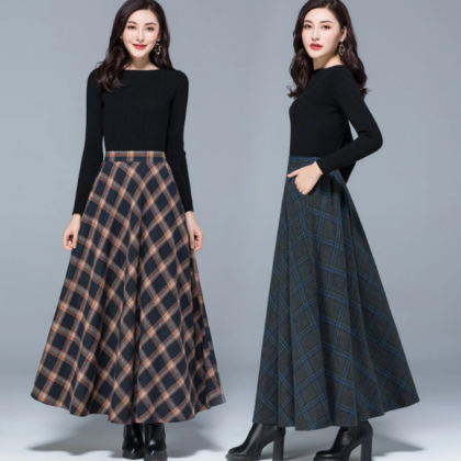 Mom High Waist Woolen Plaid Skirts