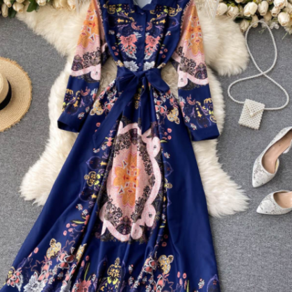 Button-breasted Lace-up Waist Long Printed Dress