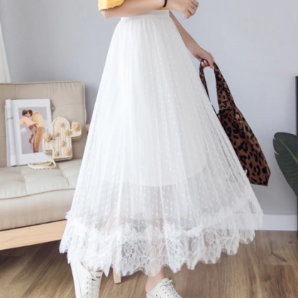 Lace Tulle Skirt Korean Style Elegant Maxi Skirt