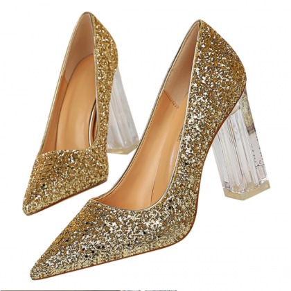 Glitter Scarpins Gold Sequins Block Clear Heels